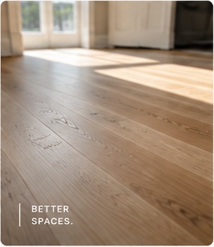 Completed hardwood flooring in a bright renovated interior